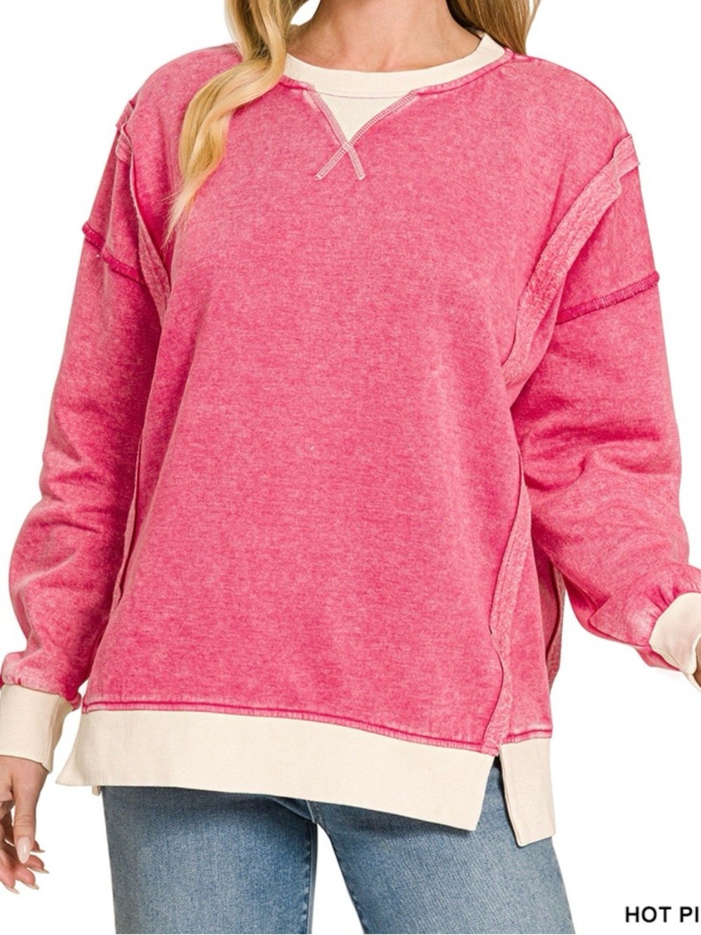 Zenana Outfitters Hot Pink Pullover Sweatshirt with Cream Trim